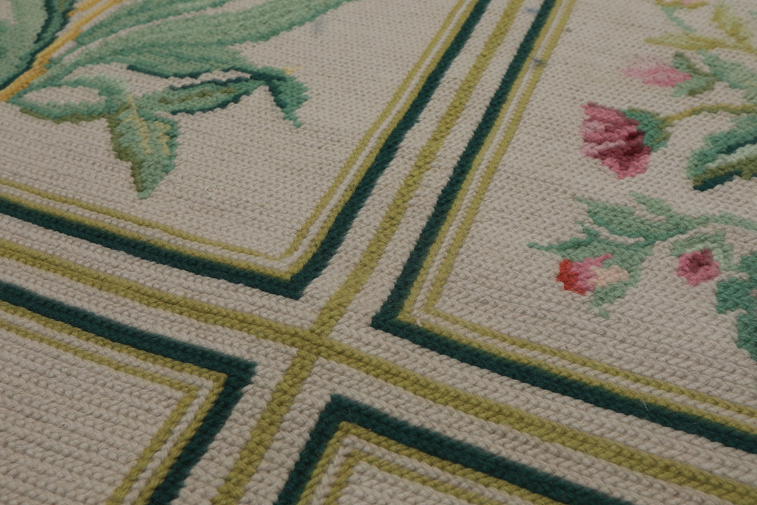 6x9 Ivory, Green, Aqua Color Hand Woven Portugese Needlepoint Wool Traditional Oriental Rug
