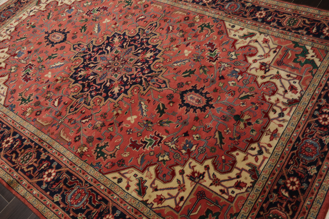 6x9 Rose, Navy, Ivory Color Hand Knotted Heriz Wool Traditional Oriental Rug