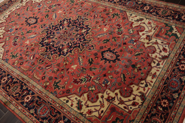 6x9 Rose, Navy, Ivory Color Hand Knotted Heriz Wool Traditional Oriental Rug