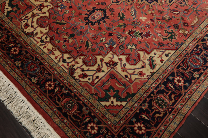 6x9 Rose, Navy, Ivory Color Hand Knotted Heriz Wool Traditional Oriental Rug