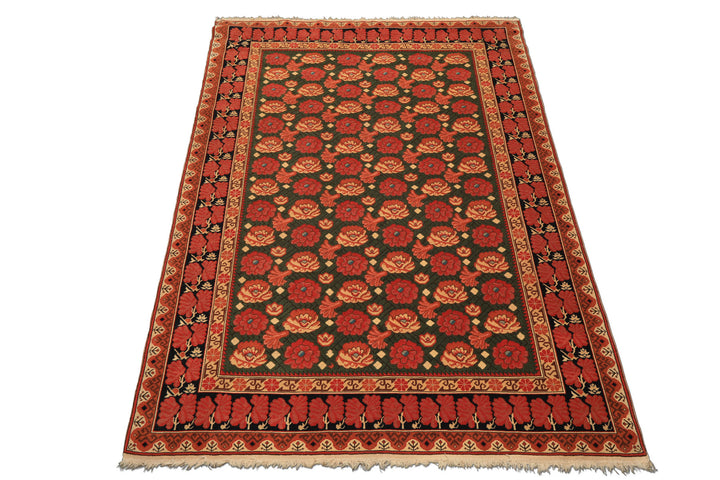6x9 Green, Rose, Charcoal Color Hand Knotted  Wool Traditional Oriental Rug