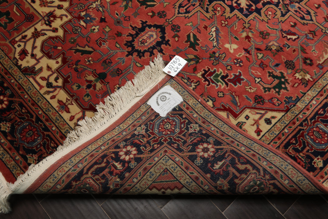 6x9 Rose, Navy, Ivory Color Hand Knotted Heriz Wool Traditional Oriental Rug