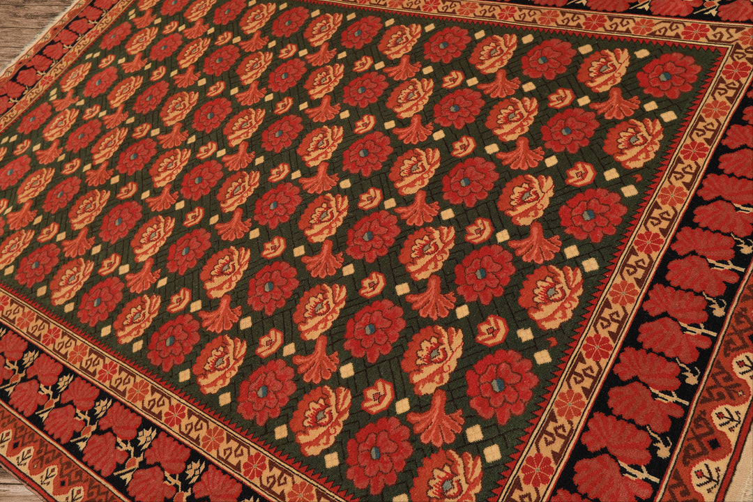 6x9 Green, Rose, Charcoal Color Hand Knotted  Wool Traditional Oriental Rug