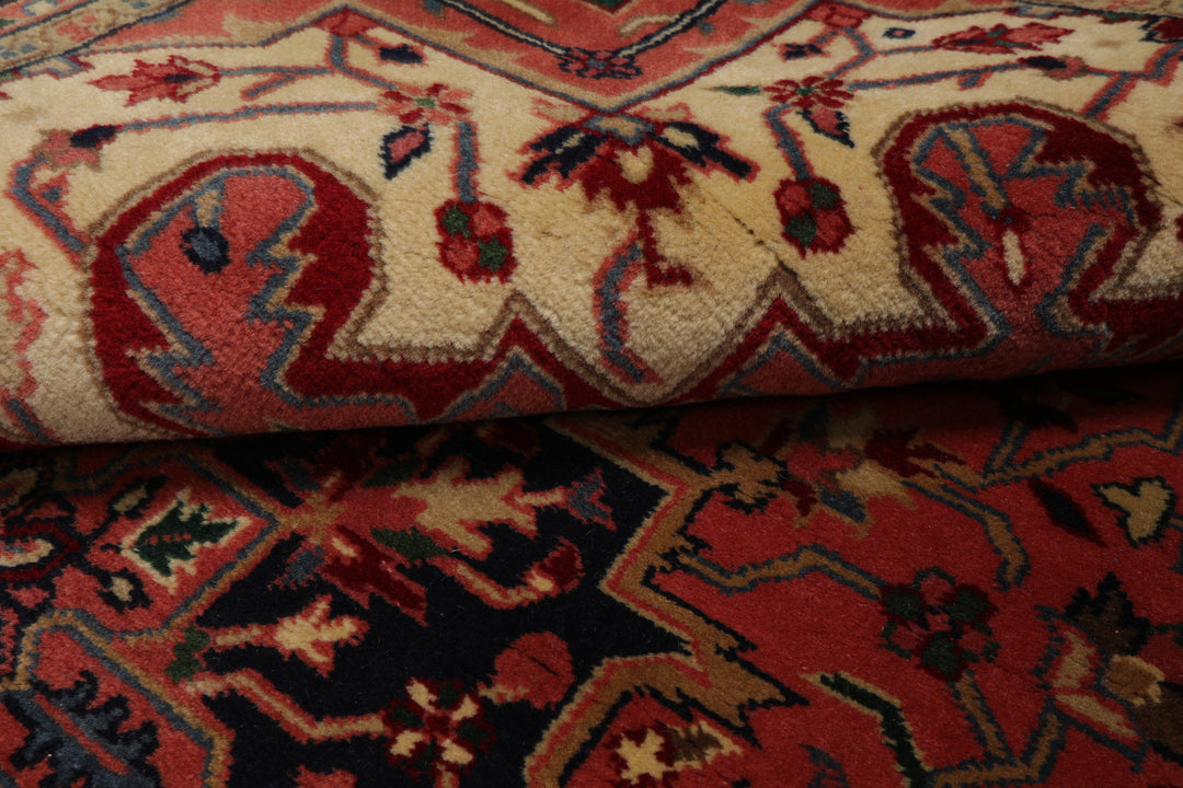 6x9 Rose, Navy, Ivory Color Hand Knotted Heriz Wool Traditional Oriental Rug