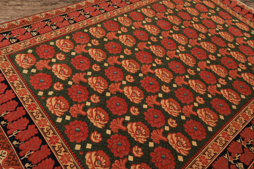 6x9 Green, Rose, Charcoal Color Hand Knotted  Wool Traditional Oriental Rug