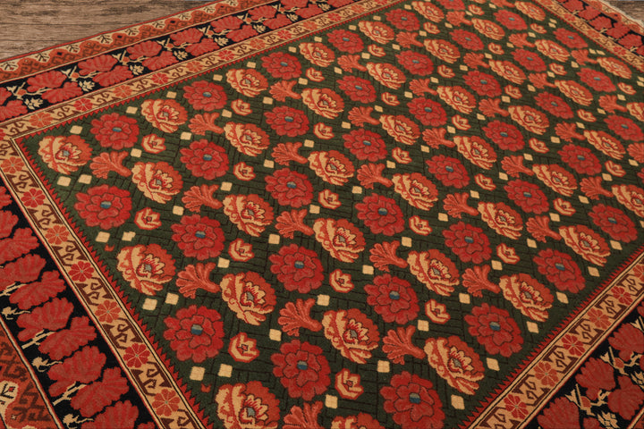 6x9 Green, Rose, Charcoal Color Hand Knotted  Wool Traditional Oriental Rug