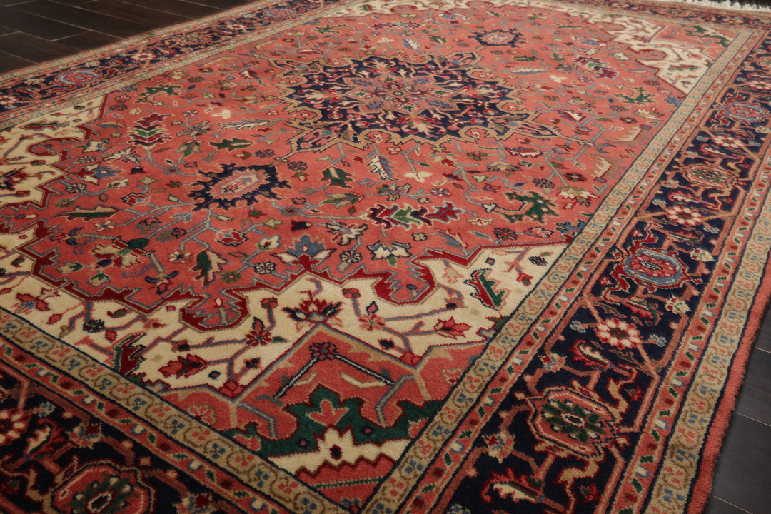 6x9 Rose, Navy, Ivory Color Hand Knotted Heriz Wool Traditional Oriental Rug
