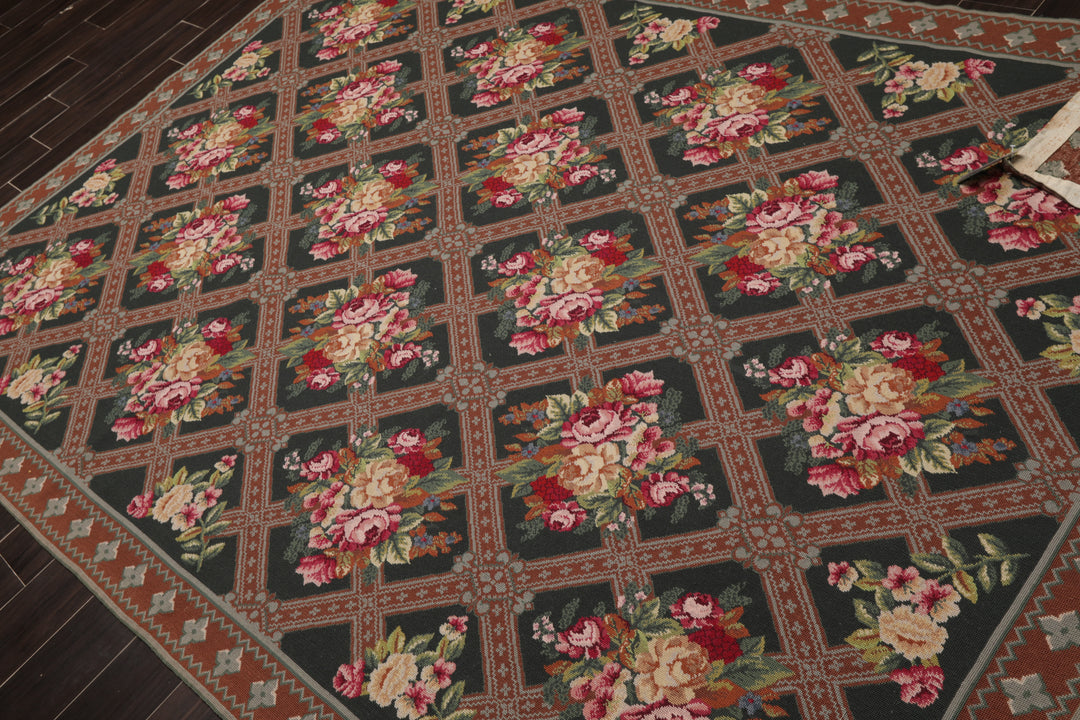 6x9 Green, Brown, Ivory Color Hand Woven Aubusson Needlepoint Wool Traditional Oriental Rug