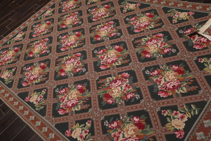 6x9 Green, Brown, Ivory Color Hand Woven Aubusson Needlepoint Wool Traditional Oriental Rug