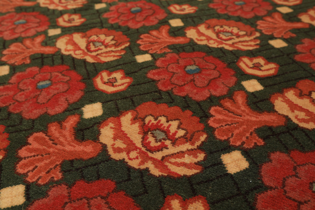 6x9 Green, Rose, Charcoal Color Hand Knotted  Wool Traditional Oriental Rug