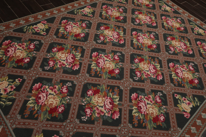 6x9 Green, Brown, Ivory Color Hand Woven Aubusson Needlepoint Wool Traditional Oriental Rug