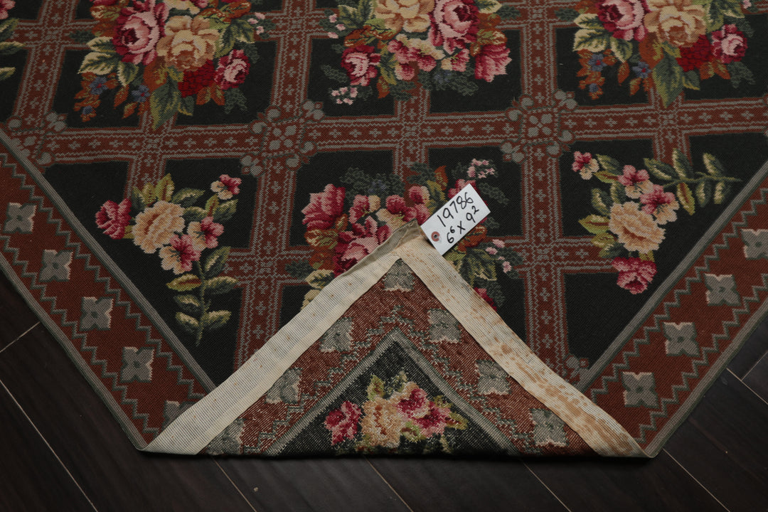 6x9 Green, Brown, Ivory Color Hand Woven Aubusson Needlepoint Wool Traditional Oriental Rug