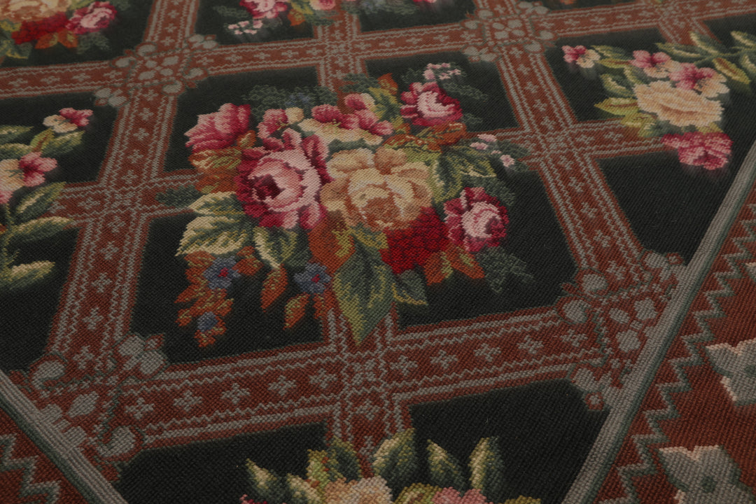 6x9 Green, Brown, Ivory Color Hand Woven Aubusson Needlepoint Wool Traditional Oriental Rug