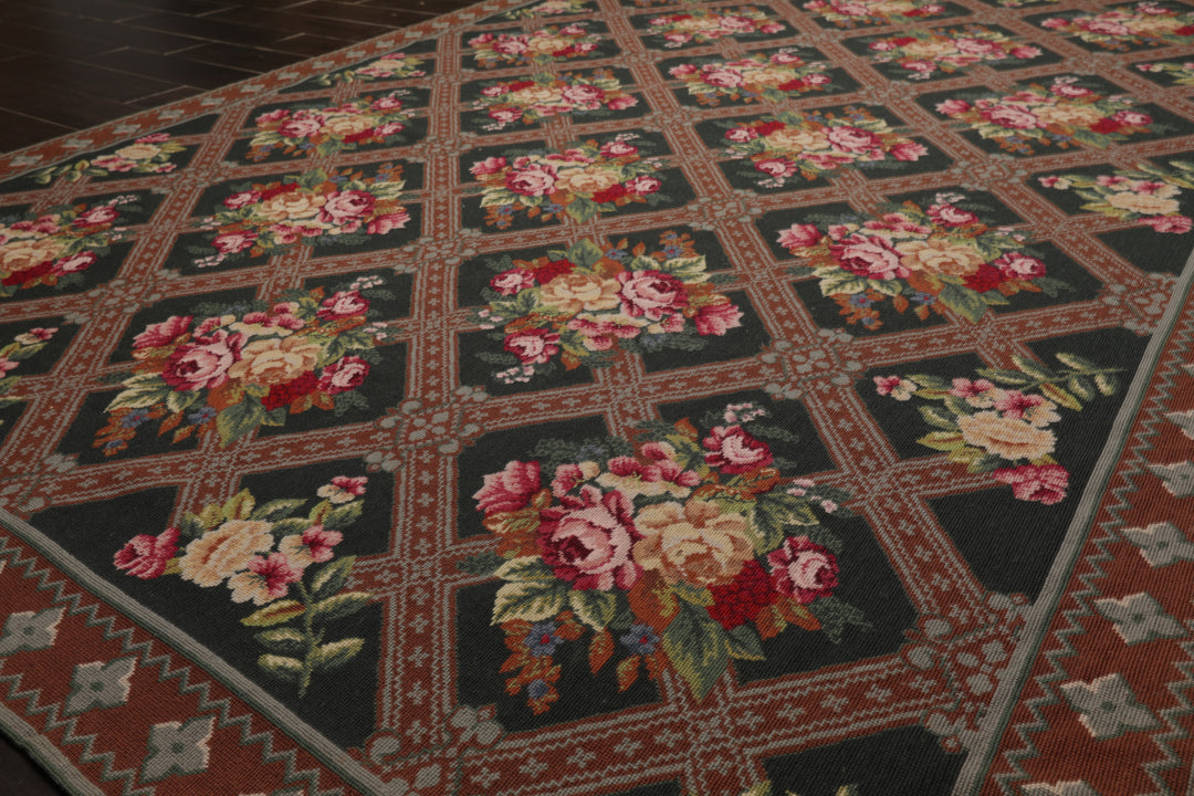 6x9 Green, Brown, Ivory Color Hand Woven Aubusson Needlepoint Wool Traditional Oriental Rug