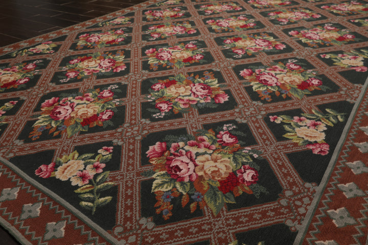 6x9 Green, Brown, Ivory Color Hand Woven Aubusson Needlepoint Wool Traditional Oriental Rug