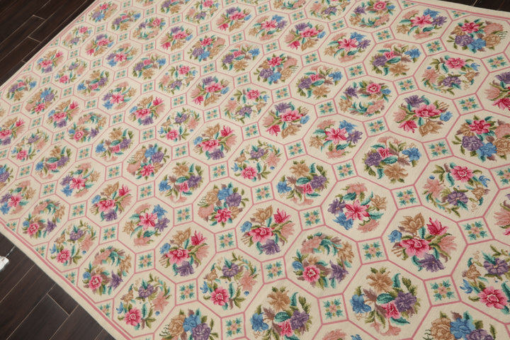 5x8 Ivory, Pink, Lavender Color Hand Woven Aubusson Needlepoint Wool Traditional Oriental Rug