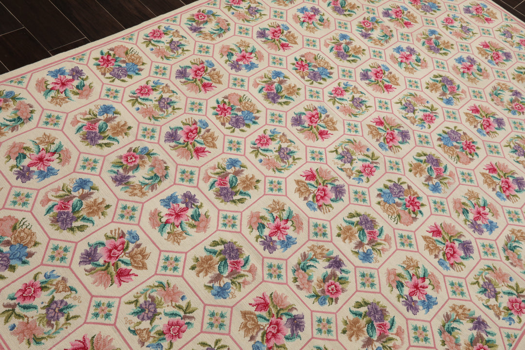5x8 Ivory, Pink, Lavender Color Hand Woven Aubusson Needlepoint Wool Traditional Oriental Rug