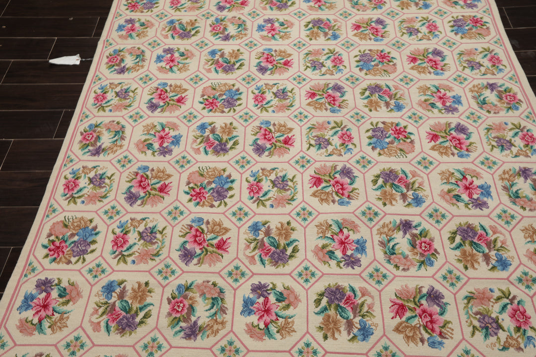 5x8 Ivory, Pink, Lavender Color Hand Woven Aubusson Needlepoint Wool Traditional Oriental Rug
