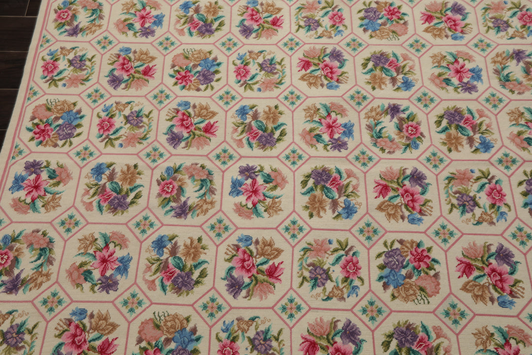5x8 Ivory, Pink, Lavender Color Hand Woven Aubusson Needlepoint Wool Traditional Oriental Rug