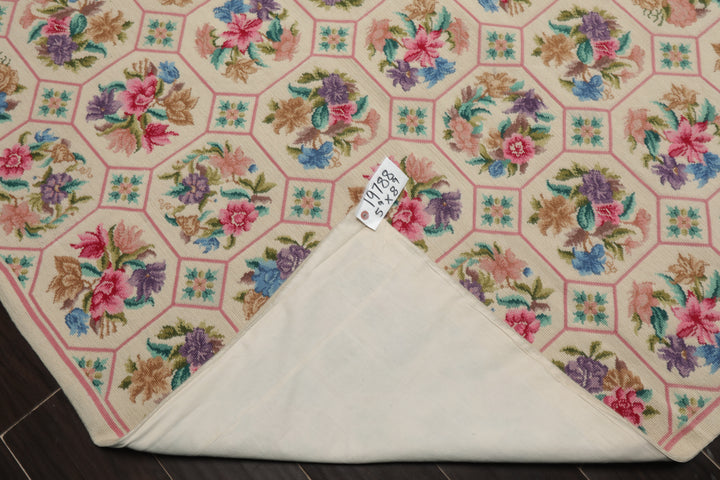 5x8 Ivory, Pink, Lavender Color Hand Woven Aubusson Needlepoint Wool Traditional Oriental Rug