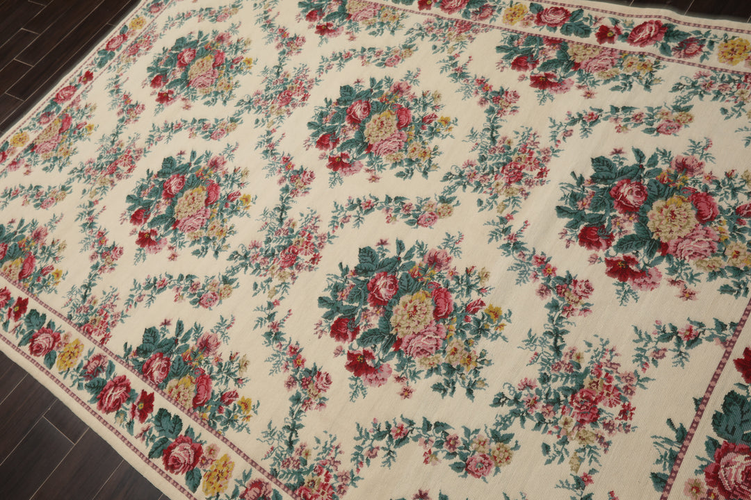 5x8 Ivory, Aqua, Teal Color Hand Woven Aubusson Needlepoint Wool Traditional Oriental Rug