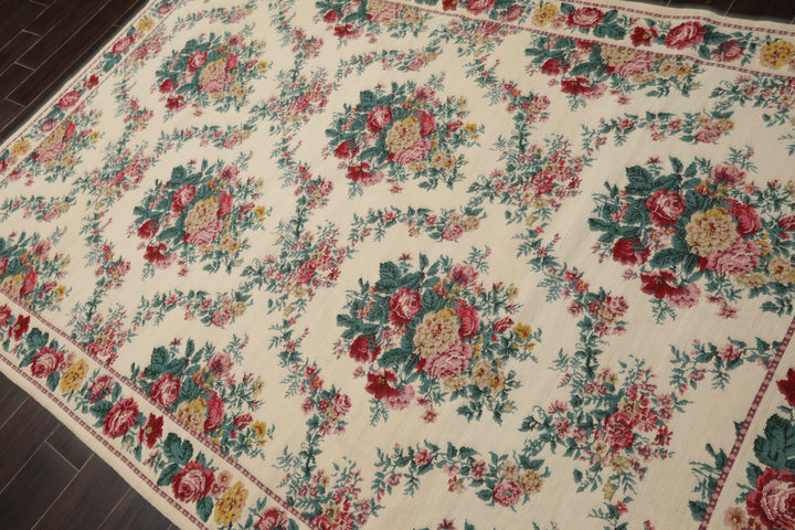 5x8 Ivory, Aqua, Teal Color Hand Woven Aubusson Needlepoint Wool Traditional Oriental Rug