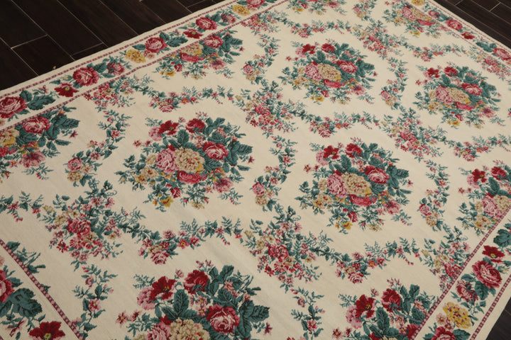 5x8 Ivory, Aqua, Teal Color Hand Woven Aubusson Needlepoint Wool Traditional Oriental Rug