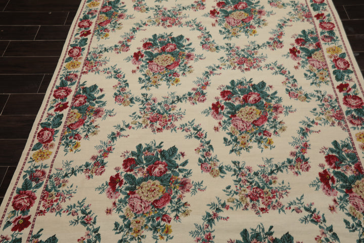 5x8 Ivory, Aqua, Teal Color Hand Woven Aubusson Needlepoint Wool Traditional Oriental Rug