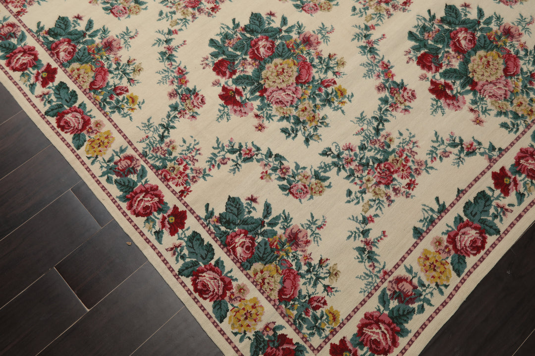 5x8 Ivory, Aqua, Teal Color Hand Woven Aubusson Needlepoint Wool Traditional Oriental Rug