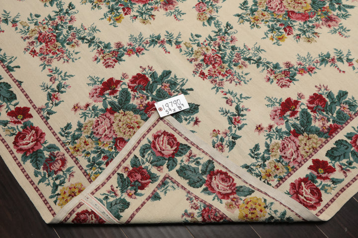 5x8 Ivory, Aqua, Teal Color Hand Woven Aubusson Needlepoint Wool Traditional Oriental Rug