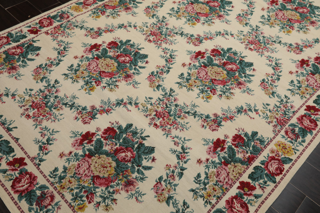 5x8 Ivory, Aqua, Teal Color Hand Woven Aubusson Needlepoint Wool Traditional Oriental Rug