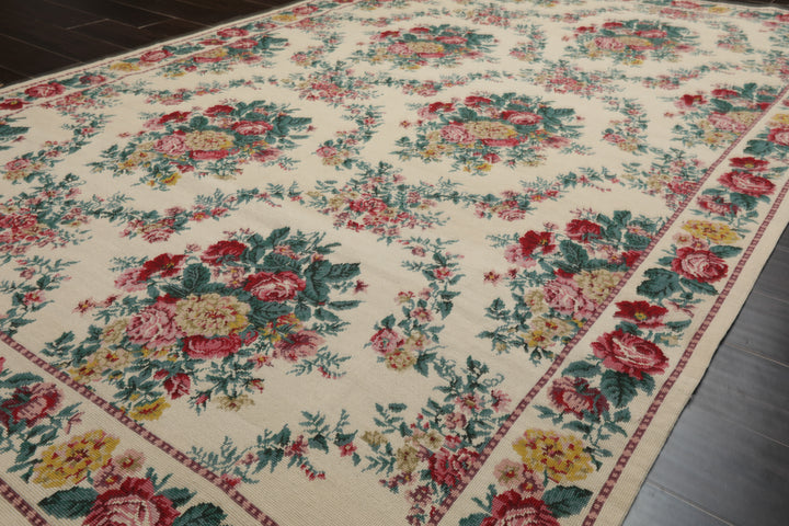 5x8 Ivory, Aqua, Teal Color Hand Woven Aubusson Needlepoint Wool Traditional Oriental Rug