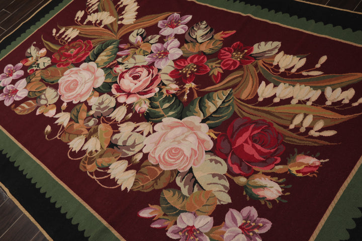 6x9 Plum, Green, Black Color Hand Woven Aubusson Needlepoint Wool Traditional Oriental Rug