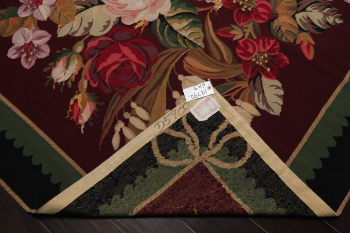 6x9 Plum, Green, Black Color Hand Woven Aubusson Needlepoint Wool Traditional Oriental Rug