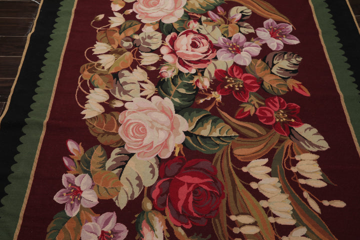6x9 Plum, Green, Black Color Hand Woven Aubusson Needlepoint Wool Traditional Oriental Rug