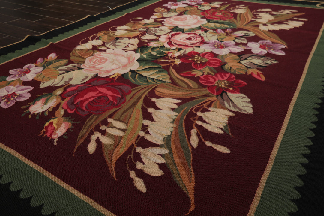 6x9 Plum, Green, Black Color Hand Woven Aubusson Needlepoint Wool Traditional Oriental Rug