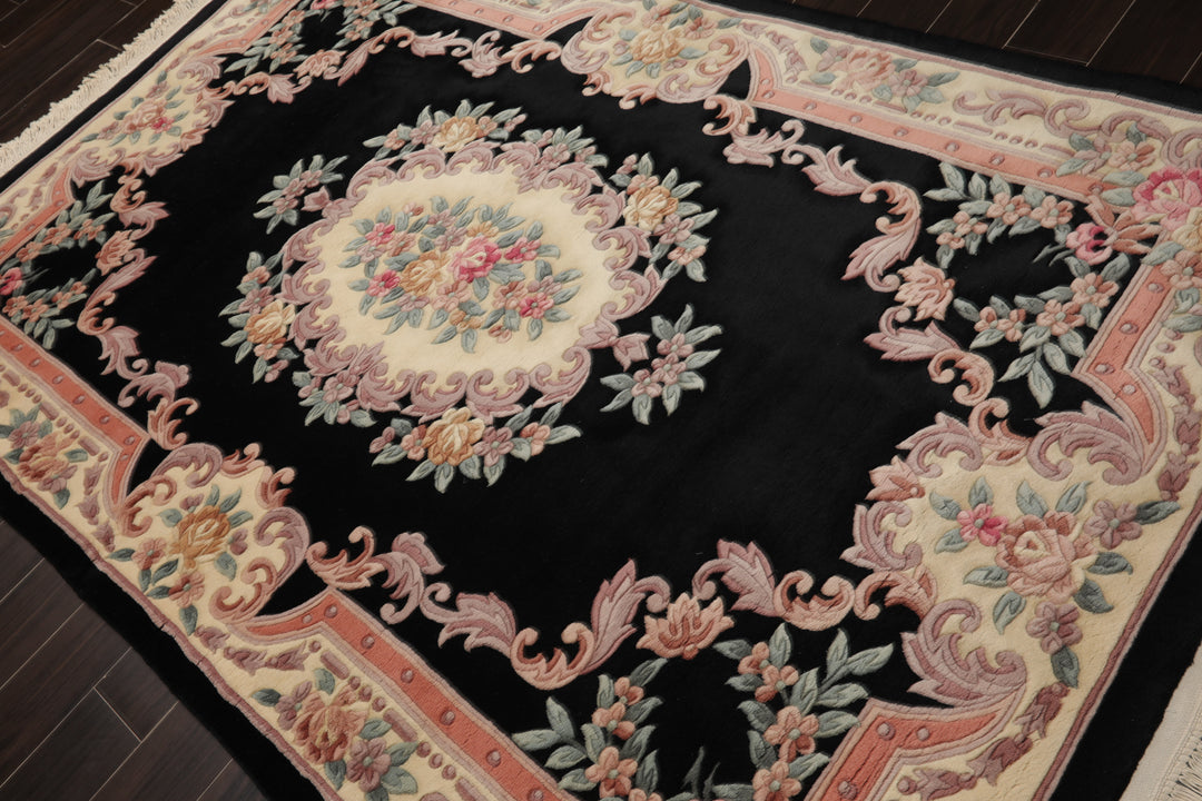 5x8 Black, Ivory, Blush Color Hand Knotted French Aubusson Savonnerie Wool Traditional Oriental Rug