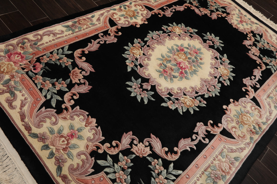 5x8 Black, Ivory, Blush Color Hand Knotted French Aubusson Savonnerie Wool Traditional Oriental Rug