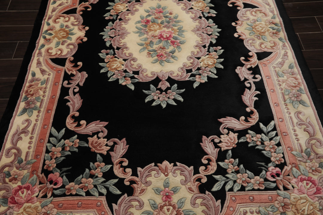 5x8 Black, Ivory, Blush Color Hand Knotted French Aubusson Savonnerie Wool Traditional Oriental Rug