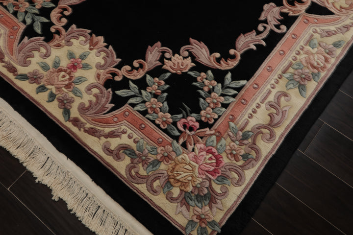 5x8 Black, Ivory, Blush Color Hand Knotted French Aubusson Savonnerie Wool Traditional Oriental Rug