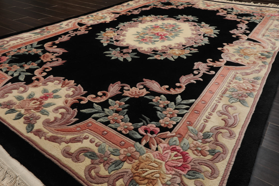 5x8 Black, Ivory, Blush Color Hand Knotted French Aubusson Savonnerie Wool Traditional Oriental Rug