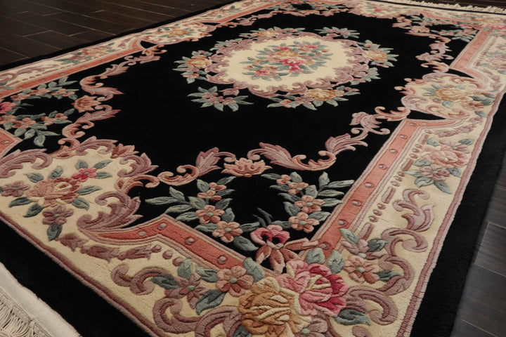 5x8 Black, Ivory, Blush Color Hand Knotted French Aubusson Savonnerie Wool Traditional Oriental Rug