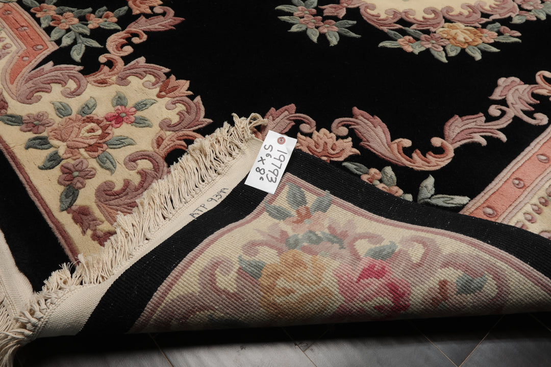5x8 Black, Ivory, Blush Color Hand Knotted French Aubusson Savonnerie Wool Traditional Oriental Rug