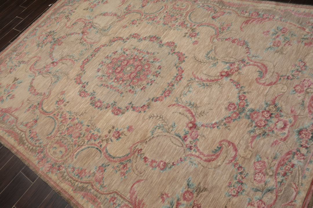 6x9 Beige, Tan, Blush Color Hand Knotted French Aubusson Savonnerie Wool Transitional Oriental Rug
