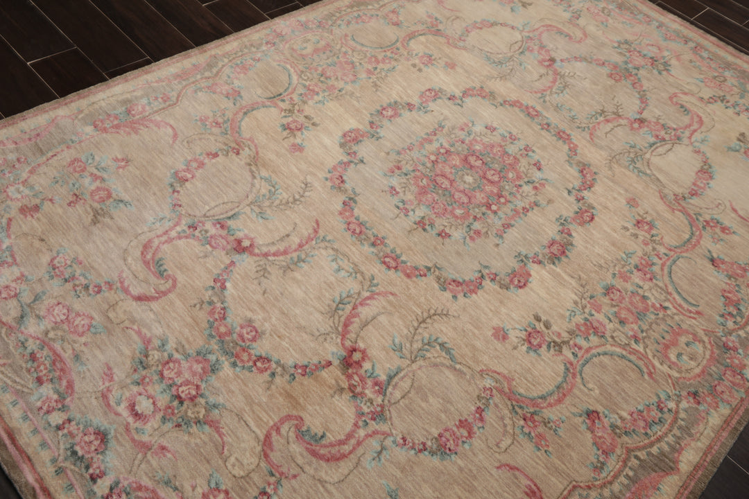 6x9 Beige, Tan, Blush Color Hand Knotted French Aubusson Savonnerie Wool Transitional Oriental Rug