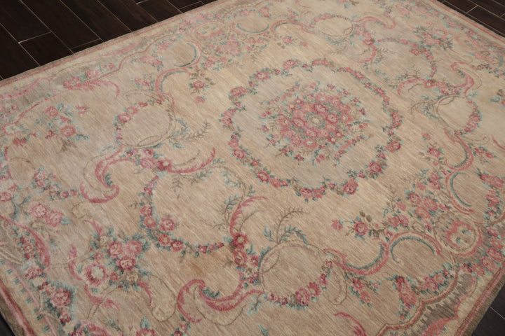 6x9 Beige, Tan, Blush Color Hand Knotted French Aubusson Savonnerie Wool Transitional Oriental Rug