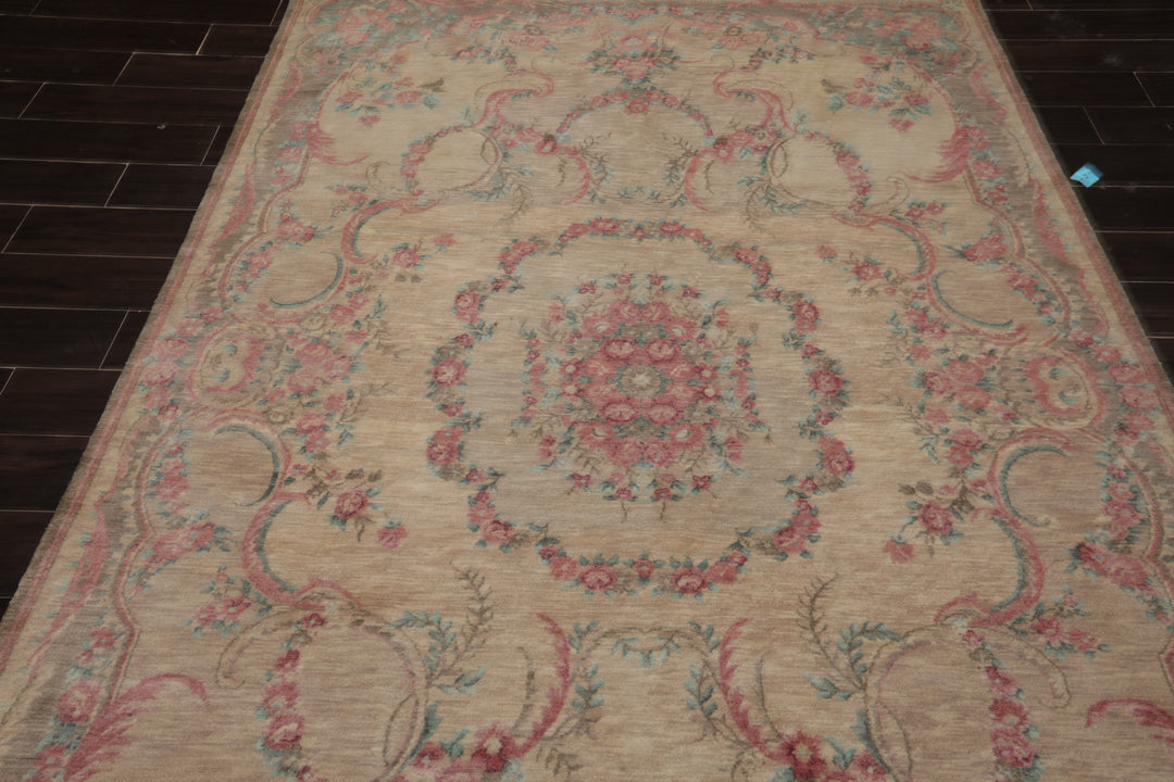 6x9 Beige, Tan, Blush Color Hand Knotted French Aubusson Savonnerie Wool Transitional Oriental Rug