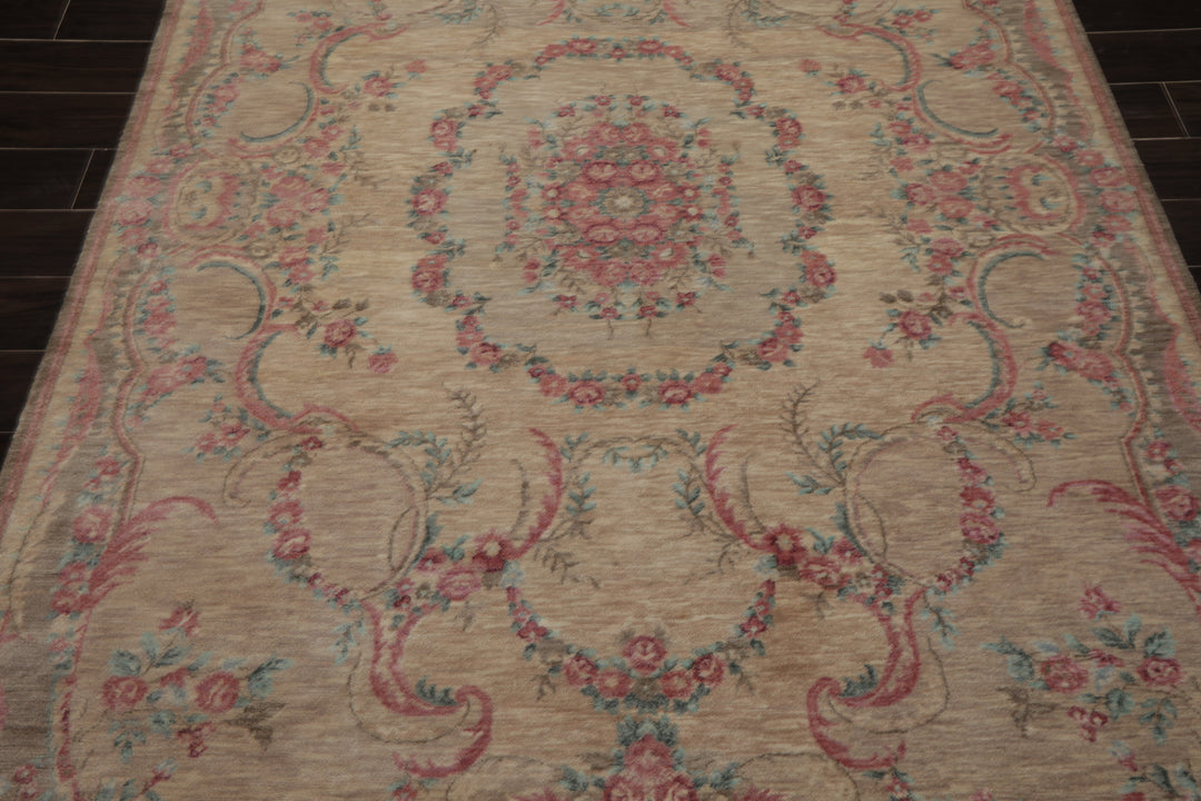 6x9 Beige, Tan, Blush Color Hand Knotted French Aubusson Savonnerie Wool Transitional Oriental Rug