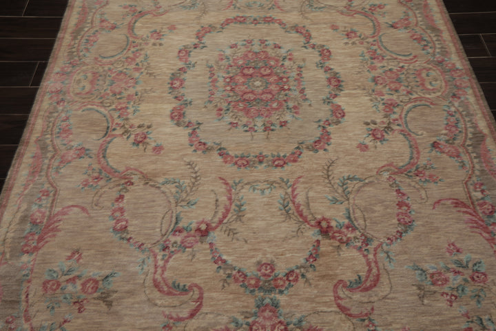 6x9 Beige, Tan, Blush Color Hand Knotted French Aubusson Savonnerie Wool Transitional Oriental Rug