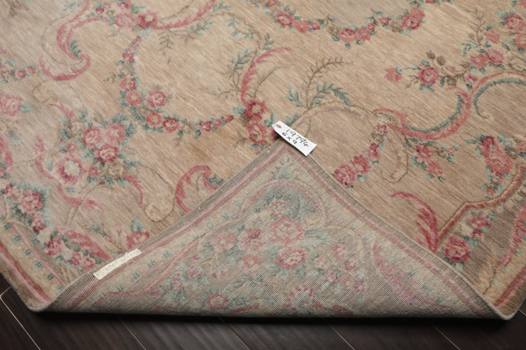 6x9 Beige, Tan, Blush Color Hand Knotted French Aubusson Savonnerie Wool Transitional Oriental Rug